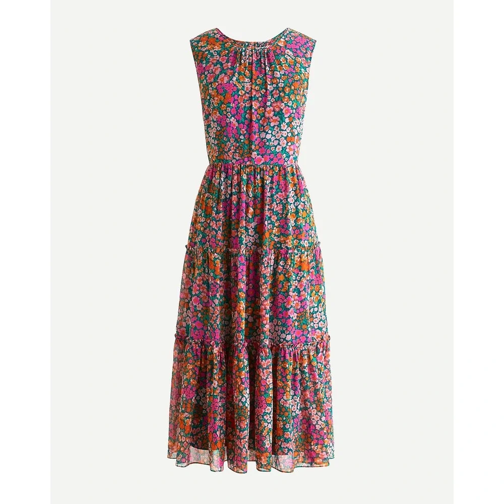 J.Crew Womens Floral Tiered Midi Dress in Micro Meadow Print Size Medium - Picture 1 of 13